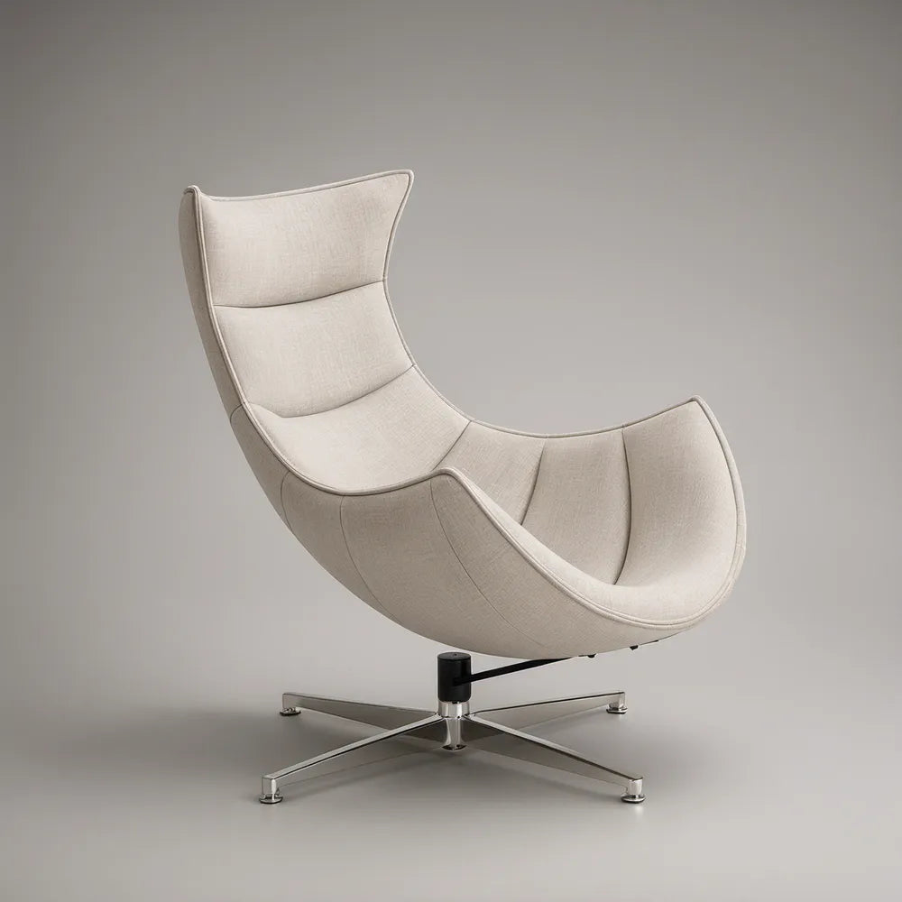 Poltrona Giratória de Encosto Alto em Poliéster Bege e Base Cromada, 92 x 88 x 112 cm