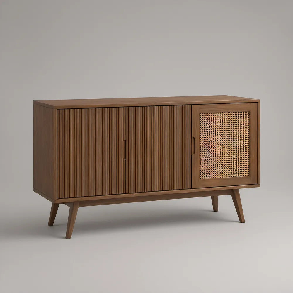 Aparador de 3 Portas em MDF Folheado a Nogueira e Rattan 160 x 45 x 85 cm Castanho e Bege