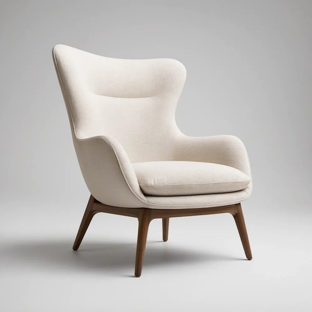 Poltrona de Orelhas Estofada 76 x 82 x 103 cm em Poliéster Creme com Pernas em Madeira Maciça de Nogueira