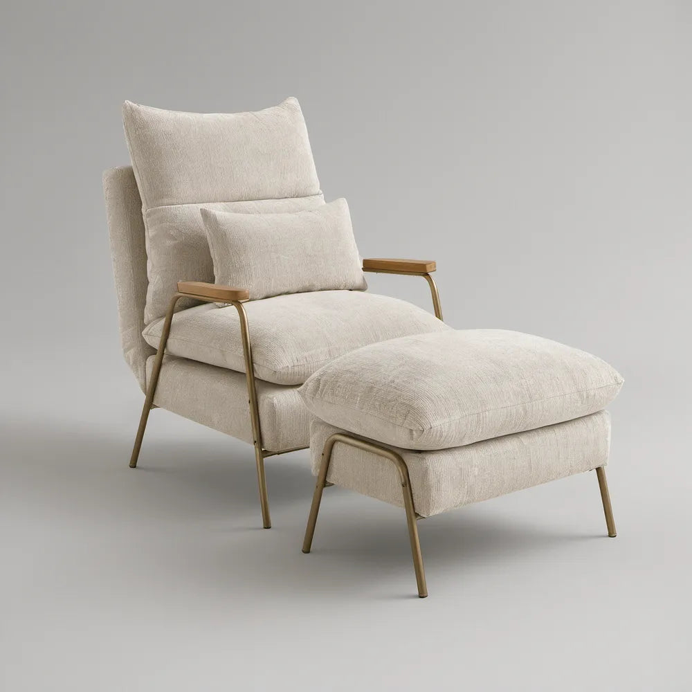 Chaise Longue Estofada Creme com Estrutura Castanho-Dourada, 82 x 150 x 98 cm