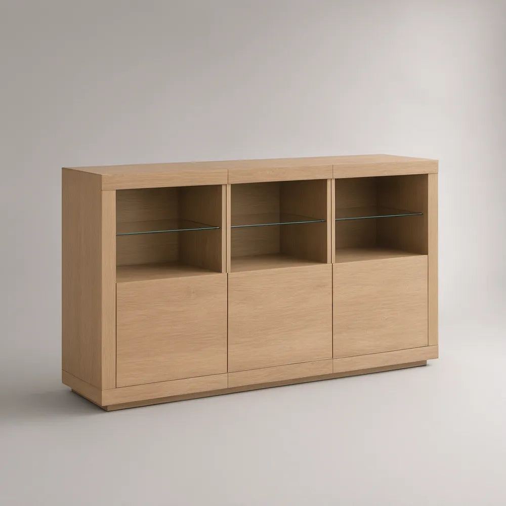 Aparador em MDF Carvalho Claro com 3 Portas, Nichos e Prateleiras em Vidro 160 x 40 x 90 cm