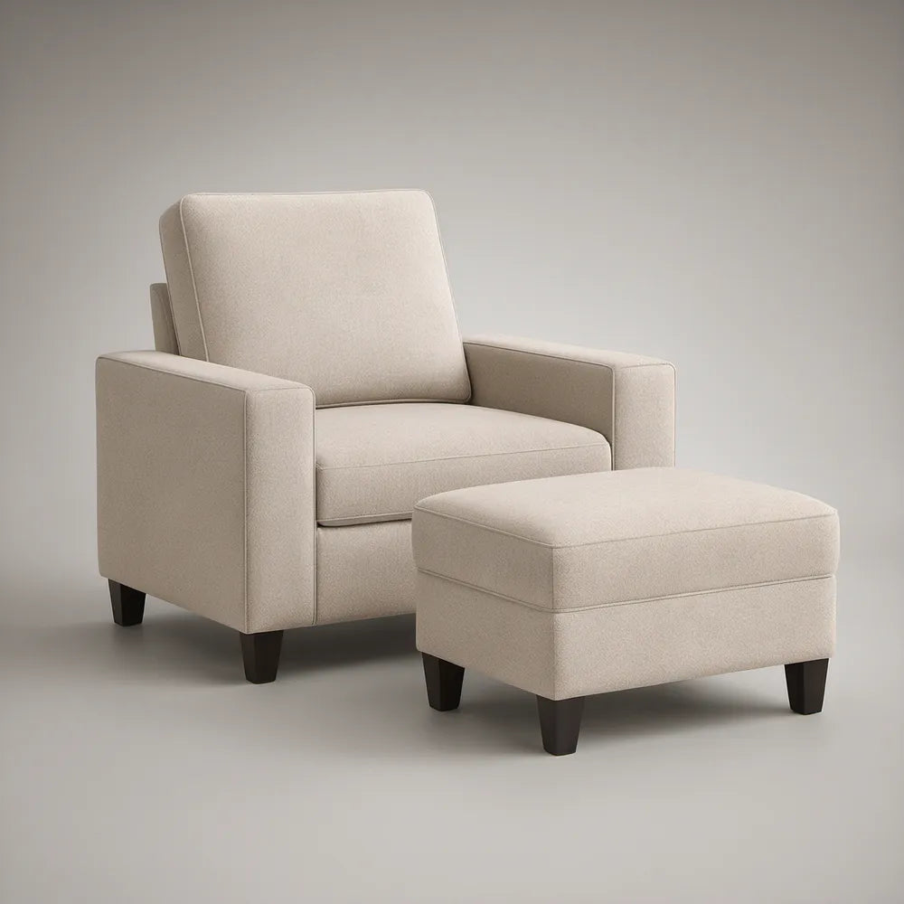 Conjunto de Poltrona com Pufe em Poliéster Bege, Poltrona 85 x 85 x 90 cm e Pufe 65 x 50 x 42 cm