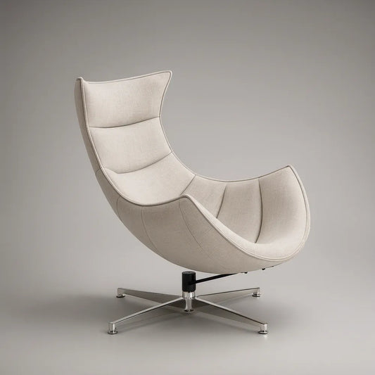 Poltrona Giratória de Encosto Alto em Poliéster Bege e Base Cromada, 92 x 88 x 112 cm