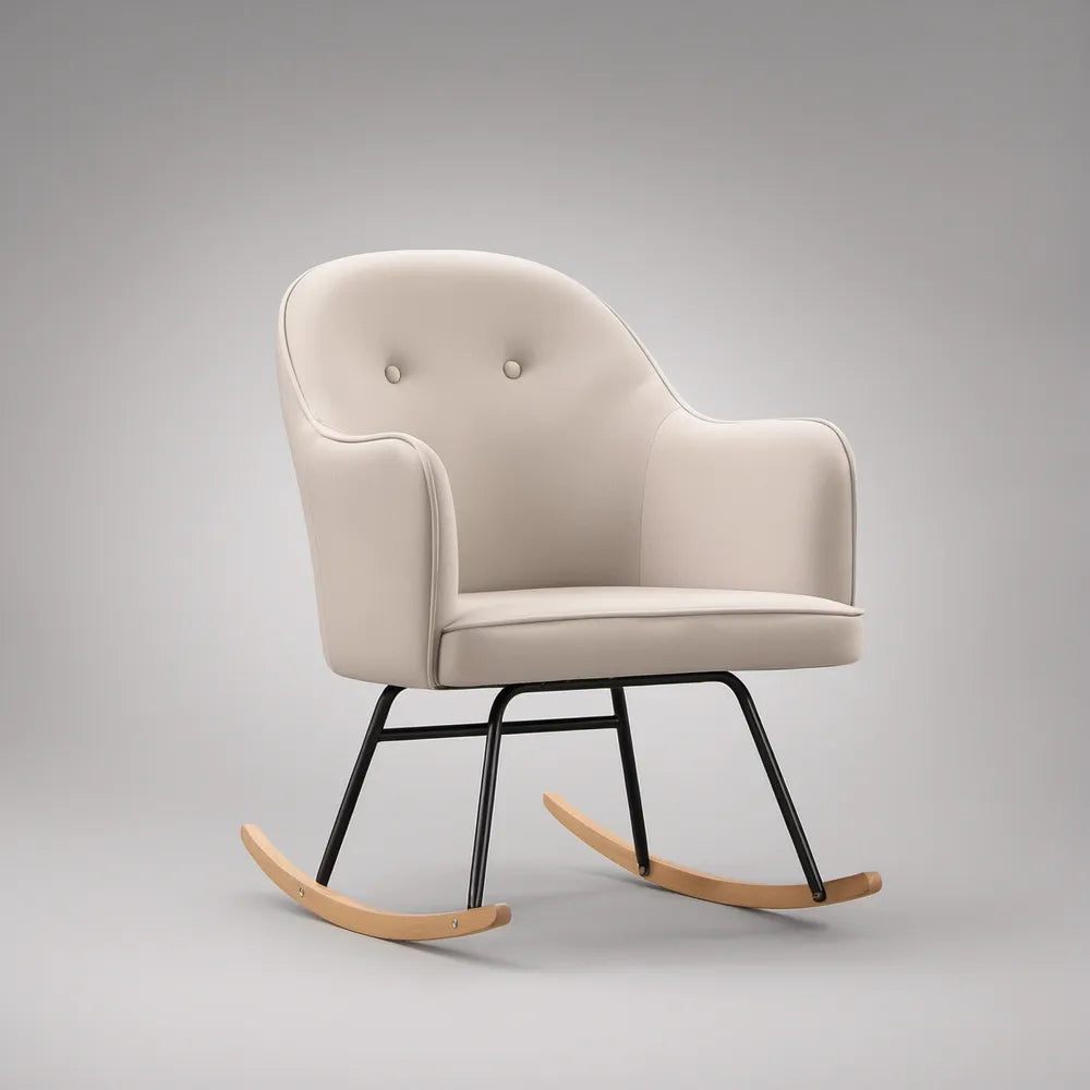 Poltrona de Baloiço Estofada em PU Bege Claro com Estrutura Preta e Patins em Faia 70 x 85 x 95 cm