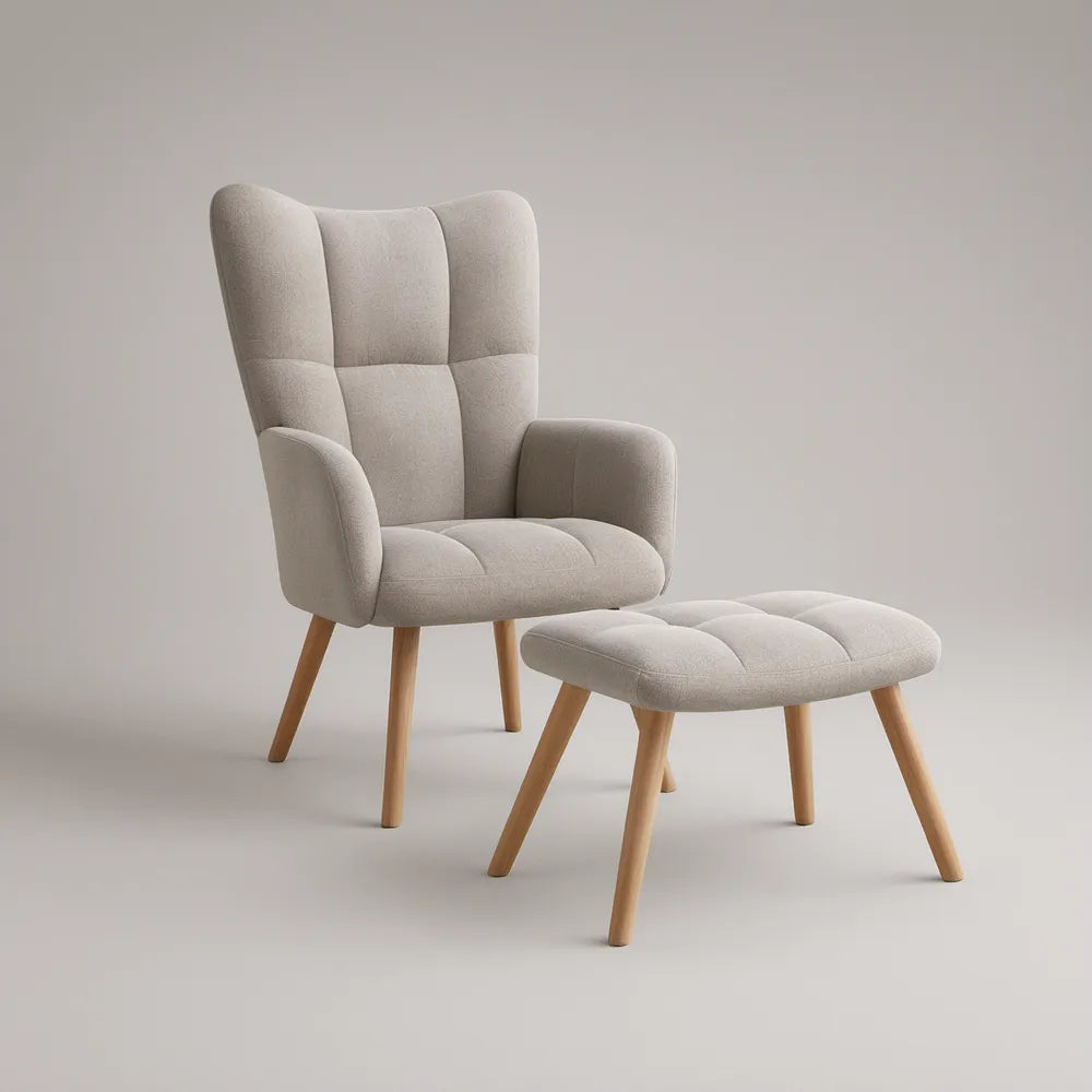 Poltrona Orelheira Bege com Apoio para Pés e Pernas em Faia Natural, 75 x 85 x 105 cm