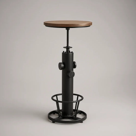 Mesa de Bar Redonda Regulável em Pinho Maciço e Aço Preto, Ø 60 cm, Altura 73-98 cm