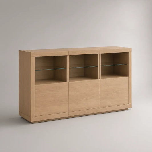 Aparador em MDF Carvalho Claro com 3 Portas, Nichos e Prateleiras em Vidro 160 x 40 x 90 cm
