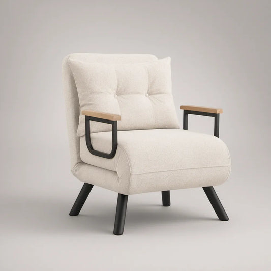 Poltrona Estofada Bege com Estrutura Preta e Detalhes em Madeira Natural, 76 x 78 x 96 cm